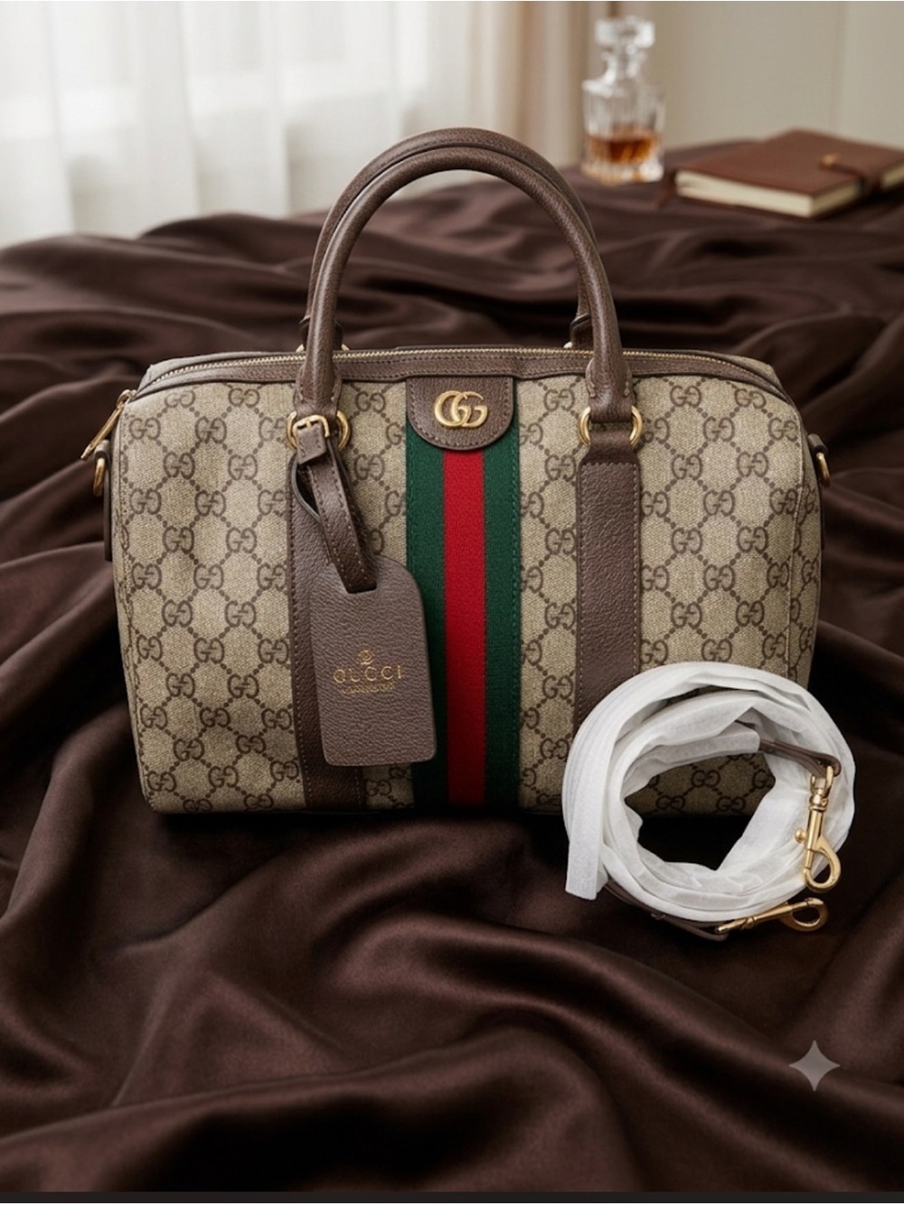 Beige Fashion Supreme Satchel with Green and Red Web Stripe read 👇